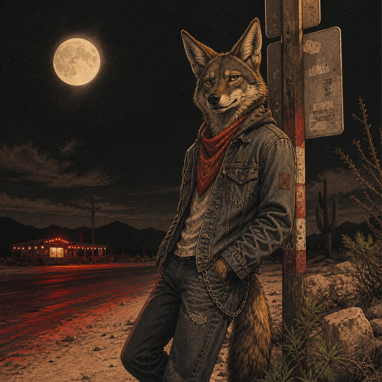 Illustration of Sonny Kief, the Reefer Rebel coyote mascot, standing on a moonlit desert road.