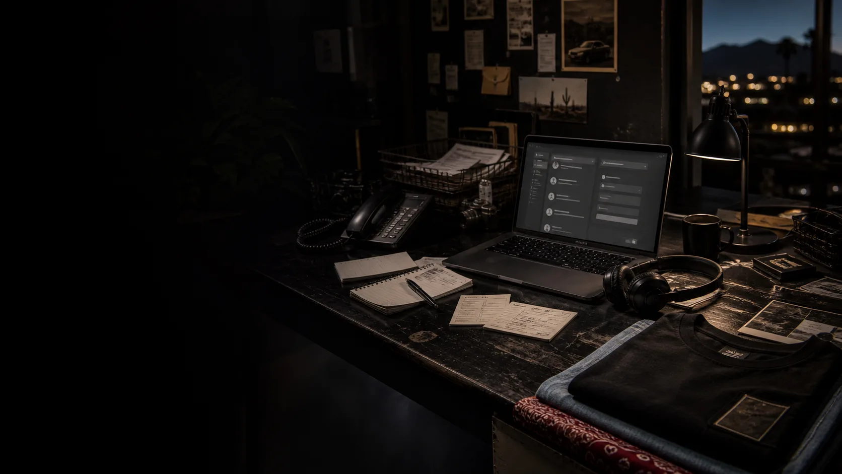 A nighttime contact workspace with a laptop, phone, headset, inquiry slips, and folded apparel.
