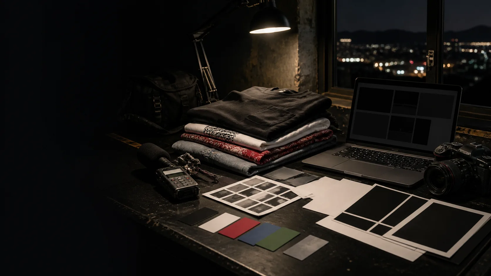 A nighttime press and media kit workspace with a camera, audio recorder, laptop, blank photo sheets, color swatches, and folded apparel.